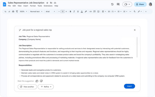 구글독스에서 생성AI 기능을 통해 구인공고를 자동 작성한 예시. 구글 홈페이지 발췌